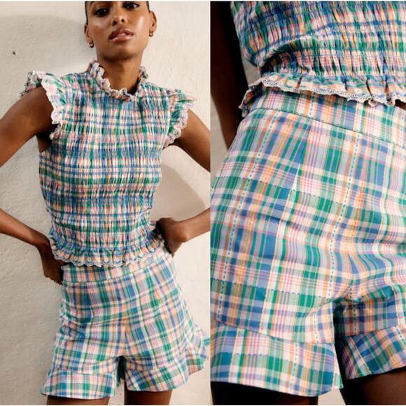 NWT Sezane High Rise Embroidered Cotton Frilled Hem Dorian Shorts Blue Size: 4 - Picture 1 of 8